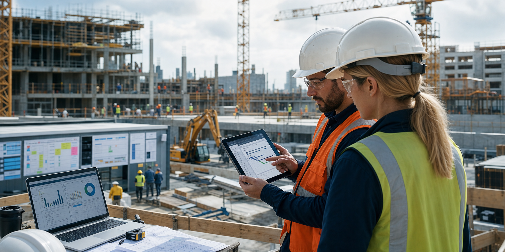 Construction managers reviewing site progress dashboards on a large active project.