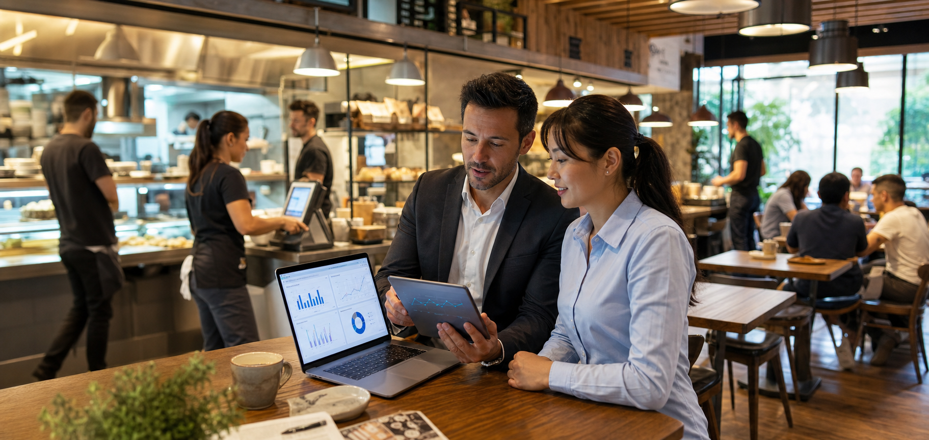 F&B operators reviewing branch performance dashboards in a modern cafe or restaurant.