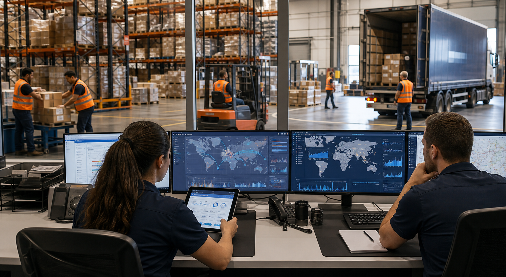 Logistics coordinators monitoring shipment and warehouse operations from a control station.