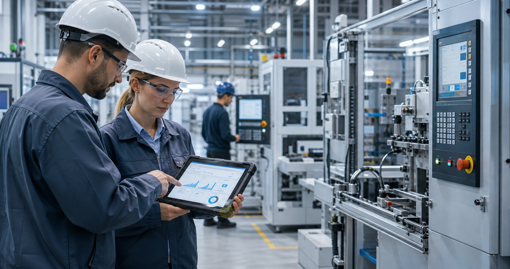 Manufacturing engineers reviewing production data beside industrial machinery on a modern factory floor.