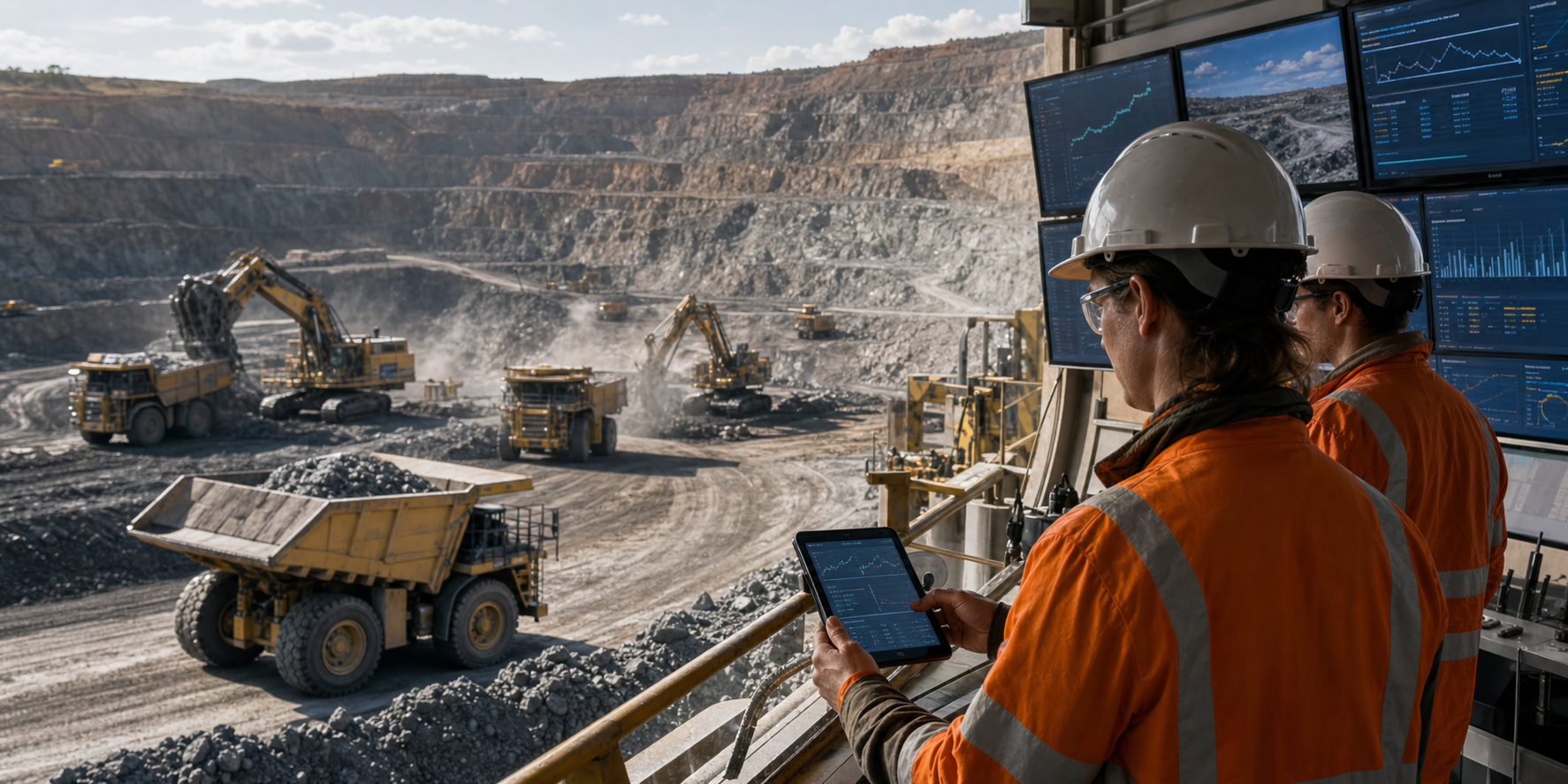 Mining operations engineers reviewing equipment dashboards near heavy machinery.