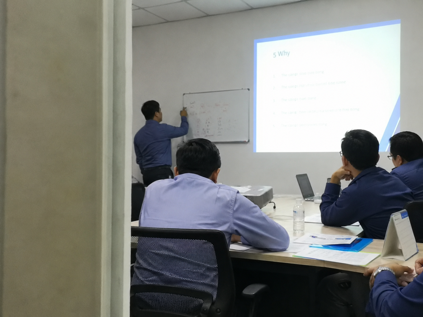 Technical workshop session with a team learning through a presentation and discussion.
