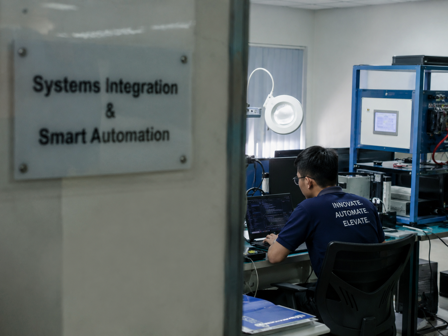 Engineer working inside a systems integration and smart automation lab environment.
